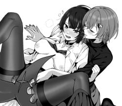 2girls belle_(zenless_zone_zero) biting biting_ear black_hair black_pantyhose black_shirt blush breasts closed_eyes commentary_request convenient_tail ellen_joe ellen_joe_(on_campus) fins fish_tail greyscale hair_between_eyes hair_ornament implied_fingering letter_hair_ornament medium_breasts mole mole_under_eye monochrome multiple_girls nipples official_alternate_costume open_mouth pantyhose pussy_juice pussy_juice_on_fingers razor_blade_hair_ornament scar scar_on_tail shark_girl shark_tail sharp_teeth shirt short_hair sierit simple_background spread_legs tail teeth textless_version unbuttoned white_background white_shirt yuri zenless_zone_zero