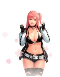 alternate_costume asian asian_female belt belt_buckle big_breasts bikini bikini_top_only black_bikini black_choker black_collar black_gloves black_hoodie black_shorts blush body_blush breasts buckle choker cleavage clenched_hand clenched_hands collar collarbone commentary_request dead_or_alive dead_or_alive_5 dead_or_alive_6 female female_only fighting_stance fingerless_gloves fingernails gloves hair_ornament hair_up hands_up heart heart_print highres honoka_(doa) hood hood_down hoodie jacket jacket_open king_of_fighters_all-stars large_breasts light_blush lips long_hair looking_at_viewer medium_hair navel official_art one_side_up open_clothes open_jacket pink_hair red_eyes shorts side_ponytail skull skull_hair_ornament skull_ornament sleeveless sleeveless_hoodie smile snk solo spaghetti_strap strap_gap swimsuit tecmo thick_thighs thighhighs thighs two-tone_background unzipped_hoodie unzipped_jacket upper_body