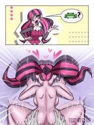 anal anal_sex ass ass_grab backboob backshots breeding completely_nude completely_nude_female draculaura fangs frog_pose gripping_ass gripping_sheets heart huge_boobs huge_breasts monster_girl monster_high partial_male pointy_ears rough_sex sideboob speech_bubble split-color_hair tecoloteton twintails vampire