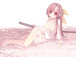 2chan 95-tan female female_only hand_on_weapon katana laying long_hair looking_at_viewer microsoft microsoft_windows os-tan purple_eyes purple_hair see-through tagme transparent_clothing weapon white_background windows_95 yellow_bow