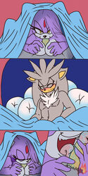 :3 anthro bed blaze_the_cat blush breasts cat chacumera chest_tuft close-up closed_eyes comic duo fangs feline fellatio female half-closed_eyes hedgehog indoors licking male mammal navel oral paizuri penis_lick pov saliva sex silver_the_hedgehog sonic_(series) straight teeth tongue tongue_out tuft