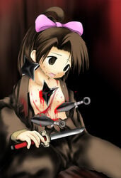 1girls blood brown_eyes brown_hair exposed_breasts flat_chest guro light-skinned_female light_skin ninja open_mouth ponytail ribbon saliva scar scared shuriken sitting small_breasts suzu_fujibayashi sword tales_of_(series) tales_of_phantasia torn_clothes weapon wounded