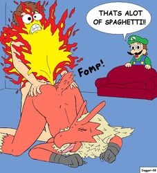 1girls anthro blaziken brown_hair cd-i color couch crossover dagger facial_hair female fire hair hotel_mario human indoors interspecies luigi male mario_(series) meme monster_girl mustache nintendo nude pokemon pokemon_(species) pokephilia sex straight straight_hair what