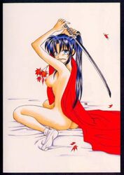 1girls artist_request ass blue_hair breasts female hair_ribbon human kaoru_kamiya large_breasts long_hair nipples nude pale-skinned_female pale_skin ponytail rurouni_kenshin shounen_jump solo sword tagme