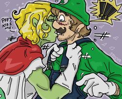 2008 2boys blonde_hair blush brown_hair color facial_hair gay green_skin human humanoid interspecies luigi male male_only mario_(series) mario_and_luigi_(series) multiple_males mustache nintendo no_visible_genitalia prince_peasley side_view spug straight_hair traditional_media_(artwork) yaoi