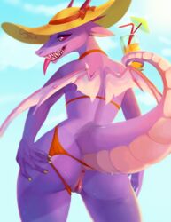 anthro anus ass bikini clothing cyanmint dragon dragoness female hat looking_back pussy raised_tail red_eyes scalie solo spreading swimsuit tongue tongue_out wings