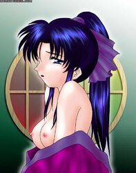 1girls areolae artist_request blue_hair breasts female hair_ribbon human kaoru_kamiya kimono large_breasts long_hair nipples pale-skinned_female pale_skin ponytail rurouni_kenshin shounen_jump solo tagme