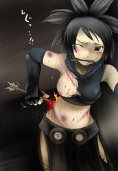 arrow ayame_(tenchu) biting black_eyes black_hair blood blush breasts bruise fingerless_gloves gloves injury navel nipples one_breast_out one_eye_closed ryona standing tagme tears tenchu torn_clothes violence wince