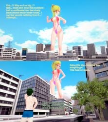 1boy 1girls 3d blonde_hair body_growth body_growth_(enlargement) city commission english_text female francine_investa giantess green_hair growth koikatsu male muscular muscular_male oc original original_character size_difference swimsuit text xavier_huge xavierhuge