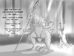 anthro big_belly black_and_white dark_souls dragon dragonoid_(dark_souls) egg egg_laying female fromsoftware koopacap melee_weapon monochrome polearm post_transformation spear video_games weapon