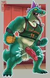 2026 anthro ball balls basketball_(ball) basketball_uniform bodily_fluids bottomless bottomless_anthro bottomless_male claws clothed clothing collar digital_media_(artwork) erection facial_piercing genital_piercing genitals glans_piercing goat_(movie) green_body green_clothing green_scales green_shirt green_topwear head_spikes hi_res holding_object humanoid_genitalia humanoid_penis komodo_dragon lip_piercing lizard locker_room male modo_olachenko monitor_lizard muscular muscular_anthro muscular_male neck_piercing nipples nose_piercing nose_ring penis penis_piercing piercing purple_spikes reptile rhoambear ring_piercing saliva scales scalie scrotum_piercing septum_piercing septum_ring shirt shirt_only solo sony_corporation sony_pictures spikes spikes_(anatomy) sportswear studded_collar studs tail teeth tongue tongue_out tongue_piercing topwear topwear_only uniform vein veiny_penis yellow_sclera