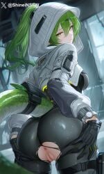 1girls ai_generated arknights:_endfield ass_focus blush crotchless_panties fluorite_(arknights:_endfield) from_behind green_hair hood_up looking_back pussy_view shineinsfw shiny_skin snake_tail solo sweat tight_clothes torn_leggings yellow_eyes