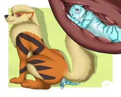 ambiguous_gender anal_vore anthro anthro_on_feral arcanine blue_eyes blush feline feral from_behind_(disambiguation) internal male mammal nintendo one_eye_closed pokemon pokemon_(species) purple_eyes sitting size_difference thebestvore tiger video_games vore