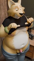 3d anthro looking_down nipples orange_eyes overweight overweight_anthro overweight_male presenting presenting_breasts presenting_penis sesame_bun shirt_lift smile standing thick_thighs unbuttoned_pants wide_hips yellow_fur