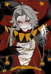 blush blushing_at_viewer blushing_face monster_boy muscular muscular_male pierrot_(the_freak_circus) smiling_at_viewer the_freak_circus