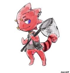 animal_crossing anthro bottomless bottomless_anthro butterfly_net chameleon clothed clothing collar flick_(animal_crossing) genital_piercing genitals hi_res horn jacket leather leather_clothing leather_jacket leather_topwear lizard male markings net nintendo penis penis_piercing piercing purple_eyes red_body red_scales reptile scales scalie shirt solo sssnivy69 striped_markings striped_tail stripes t-shirt tail tail_markings topwear