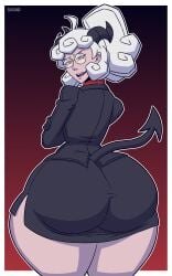 1girls alternate_version_available arms_crossed ass_focus big_ass big_horns black_skirt bottomwear bubble_ass bubble_butt demon demon_girl demon_horns demon_tail eyewear female female_only glasses hair helltaker hips horns huge_ass justmizuno large_ass looking_back office_clothing office_lady open_mouth pandemonica_(helltaker) pencil_skirt ponytail red_eyes skirt smile smiling solo solo_female tail teeth teeth_showing thick_thighs thighs tied_hair topwear white_hair wide_hips