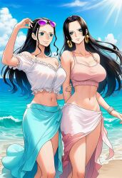 2girls ai_generated beach big_breasts boa_hancock female female_only happy happy_female nico_robin one_piece robins9lives tagme