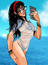 1girls 2019 big_breasts bikini black_hair breasts brown_hair cleavage female glasses hairband mistahmahvel nipple_bulge original original_character solo translucent_clothing