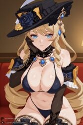 1female 1girl 1girls 2026 ai_generated artist_name bangs bare_shoulders big_ass big_breasts bikini black_bikini black_gloves black_headwear black_thighhighs blonde_hair blue_eyes blush bow breasts cleavage closed_mouth curvy detached_collar drill_hair elbow_gloves flower genshin_impact gloves hand_on_own_cheek hand_on_own_face hat hat_flower hi_res high_quality high_resolution highres hoyoverse huge_ass huge_breasts indoors jewelry large_breasts long_hair looking_at_viewer navel navia_(genshin_impact) patreon patreon_username sitting solo swimsuit thighhighs thighs unjobdespiert very_long_hair watermark witch_hat