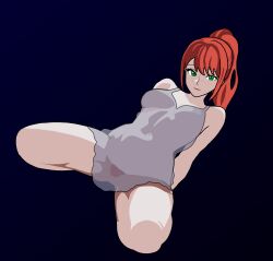 2d 2d_artwork assertive_female breasts cleavage clothed cowgirl_position female_on_top femdom freckles from_side ginger green_eyes grey_dress large_breasts looking_at_viewer night_dress pale_skin ponytail pubes red_hair riding short_dress simple_background sleeveless_dress smile straddle straddling upskirt wide_hips