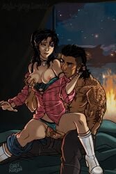 1boy arm_tattoo black_hair boots bra bra_pull breasts clothes_pull clothing_aside female final_fantasy final_fantasy_xv fingering fire full-body_tattoo gladiolus_amicitia grabbing grabbing_another's_breast grabbing_from_behind greygirl hand_in_another's_hair hand_in_panties jewelry manly medium_breasts medium_hair mohawk necklace night nipples off_shoulder open_shirt panties panties_aside pants plaid plaid_shirt pussy reverse_upright_straddle shirt shorts shorts_around_one_leg shorts_pull sitting sitting_on_lap sitting_on_person straight strap_slip tattoo topless_male uncensored undercut underwear white_footwear