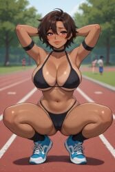 1girls ai_assisted ai_generated ankle_socks armband armpit_crease armpits arms_behind_head belly_button bikini black_clothing black_hair black_outline blurry_background blush brunette_hair bursting_breasts cameltoe caramel-skinned_female choker cleavage crimson_eyes eyelashes hair_between_eyes inner_sideboob large_breasts lipstick micro_bikini midriff outdoor_background pelvic_line revealing_clothes rgomez007 seductive_look self_upload short_hair shy sideboob skimpy skimpy_clothes skindentation smiling_at_viewer solo_female sports_shorts squatting stable_diffusion tan_body tan_lines thick_thighs thong underboob warm_lighting