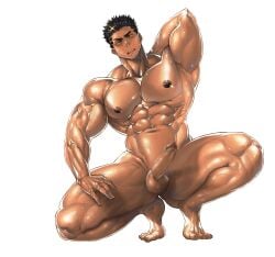 1boy abs armpit_hair armpits arms_up balls bara beard_stubble beefy biceps big_areola big_balls big_glans black_hair breasts broad_shoulders censored censored_balls censored_penis collarbone completely_nude crouching curved_to_the_right_penis daddy dark_penis dark_skin dilf erection feet foreskin foreskin_folds frenulum frown full_body gay hand_behind_back hand_on_leg hi_res hunk leg_hair looking_at_viewer male male_breasts male_only manly mature_male moobs muscles muscular muscular_arms muscular_legs muscular_male muscular_neck muscular_thighs navel no_body_hair nude pecs penis pubic_hair quadriceps retracted_foreskin shina_(mjaldrarland) short_hair six_pack solo squatting sweat sweatdrop sweating sweaty thick thick_arms thick_eyebrows thick_legs thick_thighs tilted_head toes tokyo_afterschool_summoners tough_guy triceps uncircumcised uncut very_high_resolution white_background yaoi yellow_eyes zabaniyya_(tokyo_afterschool_summoners)