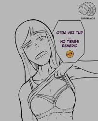 boobs bra eizouken_ni_wa_te_wo_dasu_na! flashing_bra freckles freckles_on_face hi_res high_resolution highres kanamori_sayaka looking_at_viewer no_color satyramos showing_bra sketch skinny_female text_bubble undershirt