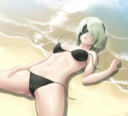 beach bikini bra cameltoe deep_rising female hairband lying navel nier nier:_automata open_mouth panties pussy short_hair water white_hair yorha_2b