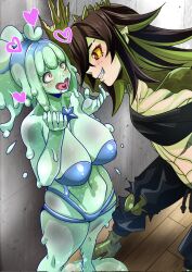 2girls beastiez big_breasts breasts cleavage crocodile_girl female heart indie_virtual_youtuber kabedon kairyu_crocodile large_breasts lesbian monster_girl piapiufo slime_girl thighs tits underwear virtual_youtuber yuri