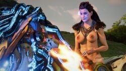 1girls 3d abs accurate_art_style aloy alternate_hair_color bare_breasts bare_nipples big_breasts black_hair breasts brown_hair brunette_female busty female female_only fur game_screenshot green_eyes horizon_forbidden_west horizon_zero_dawn large_breasts medium_breasts necklace nude_female nude_mod official_style pauldrons riding riding_horse smiling toned toned_female tribal_markings
