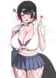 1girls absurdres alternate_breast_size_(larger) anger_vein bag black_hair blue_skirt bra breasts candy chioomie cleavage collarbone colored_inner_hair commentary cowboy_shot ear_piercing earrings ellen_joe english_commentary female fins fish_tail fishnet_pantyhose fishnet_stockings fishnets flying_sweatdrops food half-closed_eyes highres holding holding_candy holding_food holding_lollipop hoyoverse huge_breasts jewelry light-skinned_female light_skin lollipop looking_at_viewer midriff mihoyo mole mole_under_eye motion_lines multicolored_hair navel obadieya open_mouth panties pantyhose piercing purple_bra purple_panties razor_blade_hair_ornament red_eyes school_bag shark_girl shark_tail sharp_teeth shirt short_hair simple_background skirt sleeves_rolled_up solo sweatdrop tail teeth tied_shirt underwear white_background white_shirt zenless_zone_zero