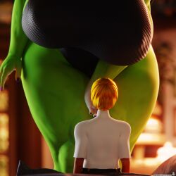 1boy 1girls 3d big_ass big_breasts clothed clothed_female elevenendless endlessillusion face_out_of_frame giant_breasts giantess green_body green_skin huge_ass huge_breasts imminent_sex marvel marvel_comics purple_nails she-hulk taller_female voluptuous wide_hips