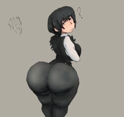 artist_request ass_focus big_ass big_breasts breasts bubble_butt chainsaw_man confused confused_expression confused_face confused_look dark_hair fat_ass huge_ass looking_back looking_back_at_viewer miri_adam mitaka_asa round_ass smaller_breasts thick_thighs thighs tied_hair white_background
