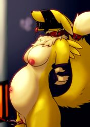 
bandai_namco 
canid blindfold bondage breasts collar digimon digimon_(species) digitigrade female furry glin720 harness_gag harness_ring_gag mammal navel_piercing nipple_piercing nipples open_mouth pregnant pussy renamon sex slave slave_collar slavegirl solo tongue