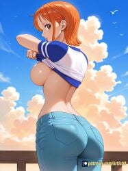 ai_generated artistia back bird blue_pants blue_shirt blue_sky brown_eyes cloud cloudy_sky day female female_only from_behind jeans large_breasts lifted_by_self looking_at_viewer looking_back median_furrow nami_(one_piece) no_bra one_piece orange_eyes orange_hair outdoors parted_lips patreon_logo patreon_username profile railing seagull shirt_lift short_hair short_sleeves sideboob sky solo standing t-shirt two-tone_shirt undressing white_shirt