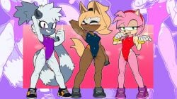 3girls ai_generated amy_rose athletic_female brown_fur closed_eyes leotard long_tail mobian_hedgehog mobian_lemur mobian_wolf novelai one_arm_behind_head peace_sign pink_skin pussy_juice_drip_through_clothes pussy_juice_leaking seductive_eyes seductive_pose sega sneakers sonic_the_hedgehog_(idw) sonic_the_hedgehog_(series) striped_tail stylized_background tangle_the_lemur whisper_the_wolf white_fur