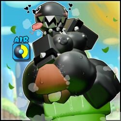 anthro asphyxiation black_body blocky_body carbdorb chain_chomp collar female gigi_(thecoatl034) goomba green_pipe huge_ass large_breasts mario_(series) mario_bros nintendo nipple_piercing sharp_teeth size_difference smothering smothering_ass steam tongue_out