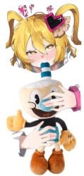 1boy 1girls blonde-haired_female blonde_hair blowjob blowjob_only blush cup cuphead_(game) don_quixote_(limbus_company) edit heart-shaped_pupils heart_symbol layer_(artist) layer_(layer_illust) limbus_company looking_at_viewer meme mugman object_head peak plushie project_moon shitpost sucking white_background white_body