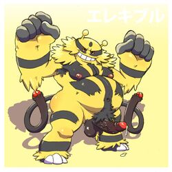 1boy 2_tails 3_toes 5_fingers armpit_hair ball_tuft balls belly blackstripes body_hair cum diphallia diphallism dogfu electivire foreskin front_view fur happy_trail hi_res humanoid_penis leaking long_tail looking_at_viewer male male_only moobs multi_penis multi_tail nintendo nipples nude obese overweight penis penis_tail pokemon pokemon_(species) precum presenting pubes red_eyes red_penis simple_background smile solo tail tail_penis toes triphallia uncut video_games yellow_background yellow_fur