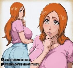 ai_generated ai_assisted ai onemoretimeai orihime_inoue inoue_orihime bleach bleach:_the_thousand-year_blood_war orange_hair brown_eyes 1girls big_breasts big_ass huge_breasts glossy_lips looking_up hand_on_chin thinking