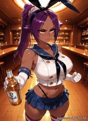 2026 ai_generated alcohol anime bangs bare_shoulders black_panties bleach bleach:_the_thousand-year_blood_war blue_skirt bottle breasts cleavage collarbone cosplay crop_top crossover dark-skinned_female dark_skin elbow_gloves female female_focus female_only gloves hair_accessory hairband handwear highleg highleg_panties highres holding huge_breasts indoors inside large_breasts long_hair microskirt midriff navel nsfw panties patreon patreon_logo patreon_username pleated_skirt ponytail purple_hair rognezart sailor_collar school_uniform serafuku shihouin_yoruichi shimakaze_(kancolle) shimakaze_(kancolle)_(cosplay) skirt solo striped striped_thighhighs thick_thighs thighhighs thighs thong underwear very_long_hair white_gloves yellow_eyes