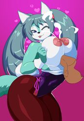 2018 absurd_res anthro areola big_breasts blue_eyes blue_fur bow_tie breast_grab breast_squeeze breasts bunny_costume canine clothing costume cum cum_on_breasts disembodied_penis ejaculation female fox fur fur_markings hair hand_on_breast heart highres juzztie legwear leotard long_hair male mammal markings nipples one_eye_closed paizuri penis roflfox rule_63 sex shirt_collar simple_background stockings straight tongue tongue_out twintails white_fur wink wrist_cuff