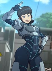1girls armor armored_female artist_logo ass bedroom_eyes big_ass big_butt black_hair blue_eyes bodysuit butt female female_focus female_only invincible invincible_(tv_series) looking_at_viewer navel semidraws signature solo_female solo_focus source_request tech_jacket tech_jacket_(zoe_thompson) text thick_thighs wide_hips