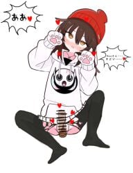 1boy 1girl 1girls artist_request bar_censor beanie black_pantyhose blush brown_eyes brown_hair cat_paws censored censored_penis cross_necklace deco27 genderswap genderswap_(mtf) hat heart hood_down musician necklace open_mouth paw_pose penis pinocchiop real_life red_beanie red_hat speech_bubble spread_legs torn_pantyhose white_hood white_hoodie