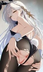 1girls ai_generated anus ass ass_focus black_bunny_suit blush breasts female female_only from_behind genshin_impact istaroth_(genshin_impact) light-skinned_female looking_back pantyhose_pull_aside pussy_juice pussy_view shineinsfw shiny_skin solo torn_pantyhose white_hair yellow_eyes