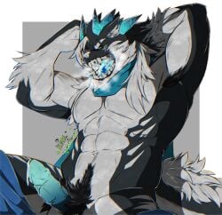 anthro armpit_hair body_hair breath crotch_tuft erection exposed_armpit fluzzard24 fur genitals happy_trail hi_res hybrid looking_at_viewer male multicolored_body multicolored_fur muscular muscular_anthro muscular_male navel nude onomatopoeia open_mouth penis pubes raised_arm rumbling_stomach sen_(fluzzard24) solo sound_effects teeth teeth_showing text tongue tongue_out tuft vore_implied yawn