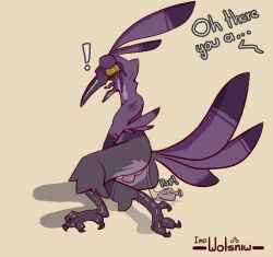 anthro avian buttplug caught_in_the_act caught_masturbating embarrassed feathers genitals impwolsniw lube male masturbation multicolored_body plug_(sex_toy) purple_body sex_toy solo text winslow_(impwolsniw) yellow_eyes