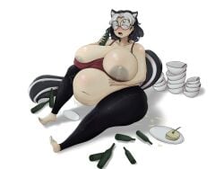 alternate_version_available big_ass big_belly big_breasts breasts bubble_ass bubble_butt drunk drunk_female empty_plates female funlitogc gassychan_(artist) glasses gluttony huge_breasts large_breasts morbidly_obese morbidly_obese_female multicolored_hair obese obese_female overweight overweight_female pantsless pussy skunk skunk_girl skunk_tail thick_ass thick_thighs